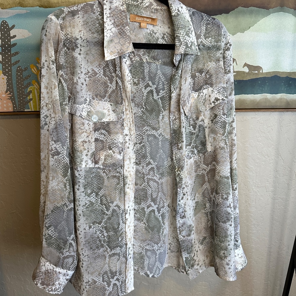 Vintage Ellen Tracy Sheer Snakeskin Pattern Button Down, Size M